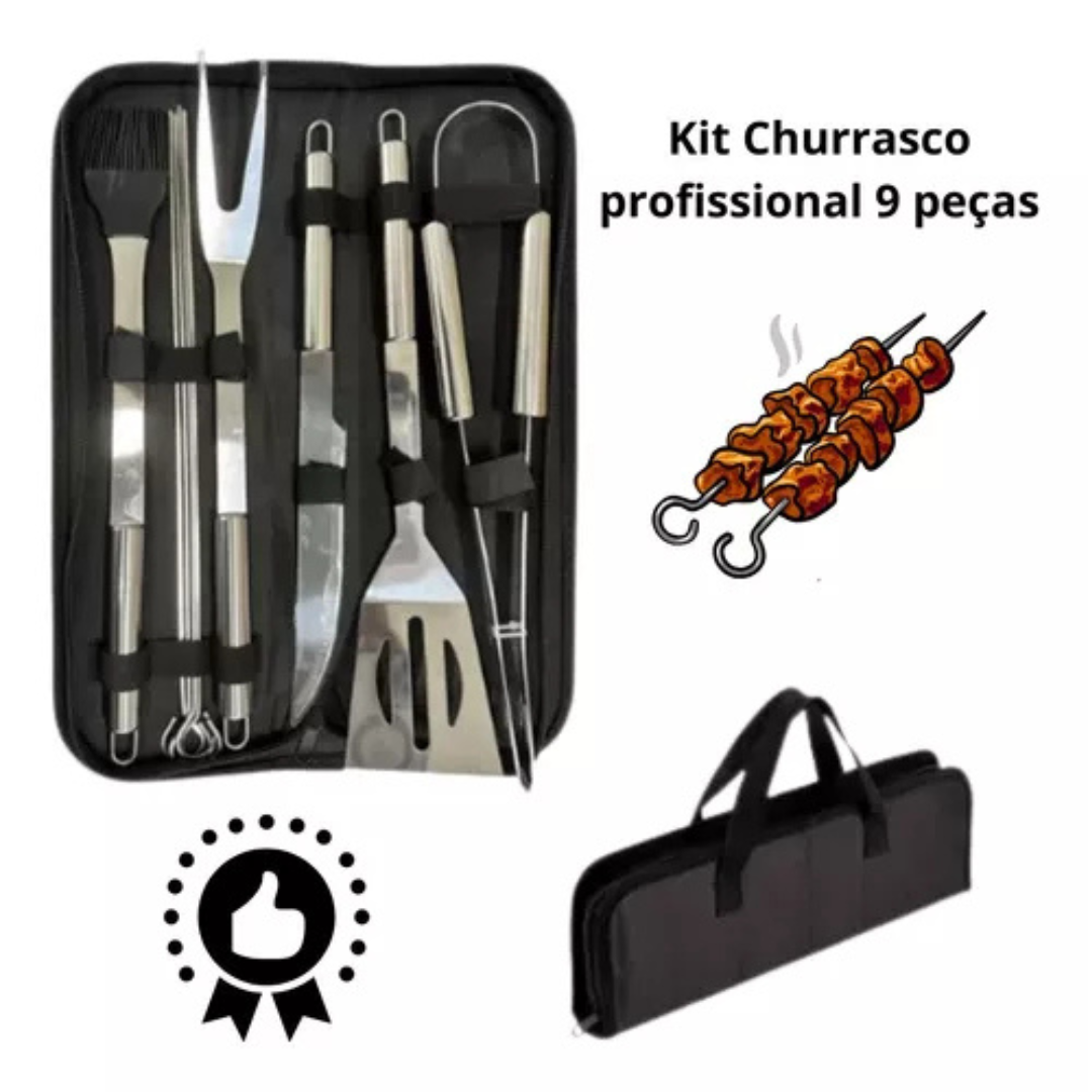 Kit Churrasco 9 Peças Inox Profissional com Bolsa