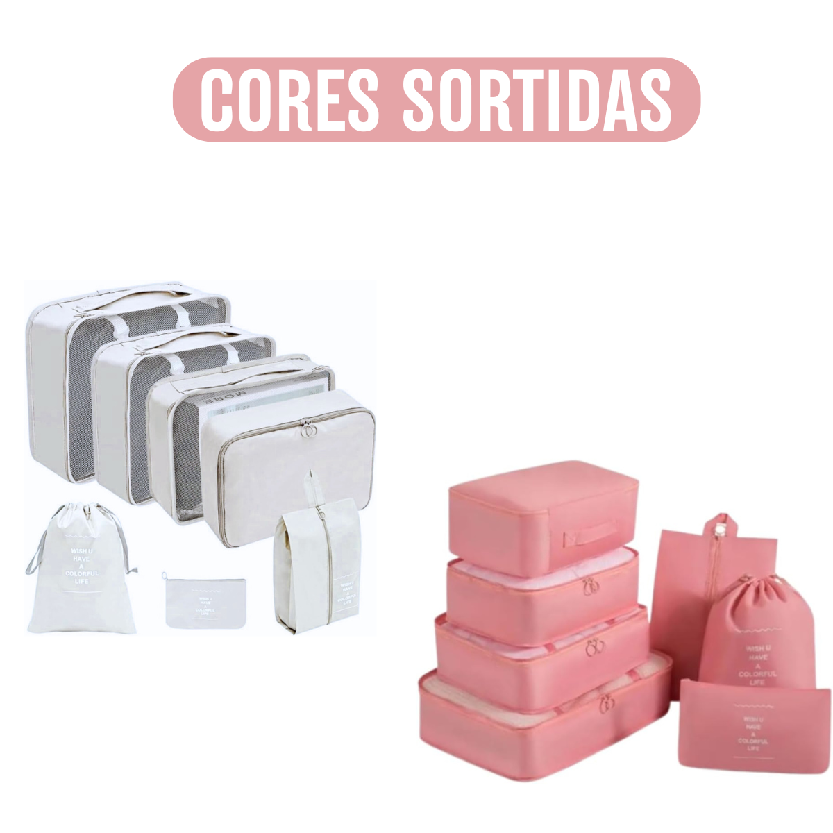 Kit Organizador de Mala para Viagem 7 Peças | Branco ou Rosa