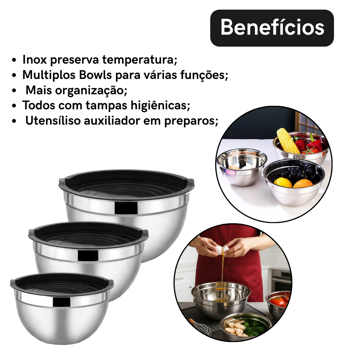 Kit 3 Bowls Aço Inox com Tampa de Silicone