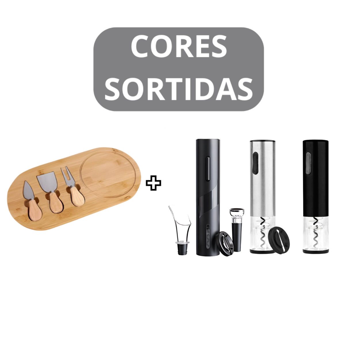 Kit Abridor de Vinho Elétrico + Tábua de Frios com Espátulas