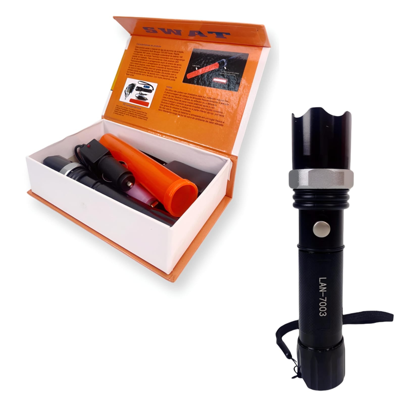 Lanterna LED com Foco Ajustável e Sinalizador