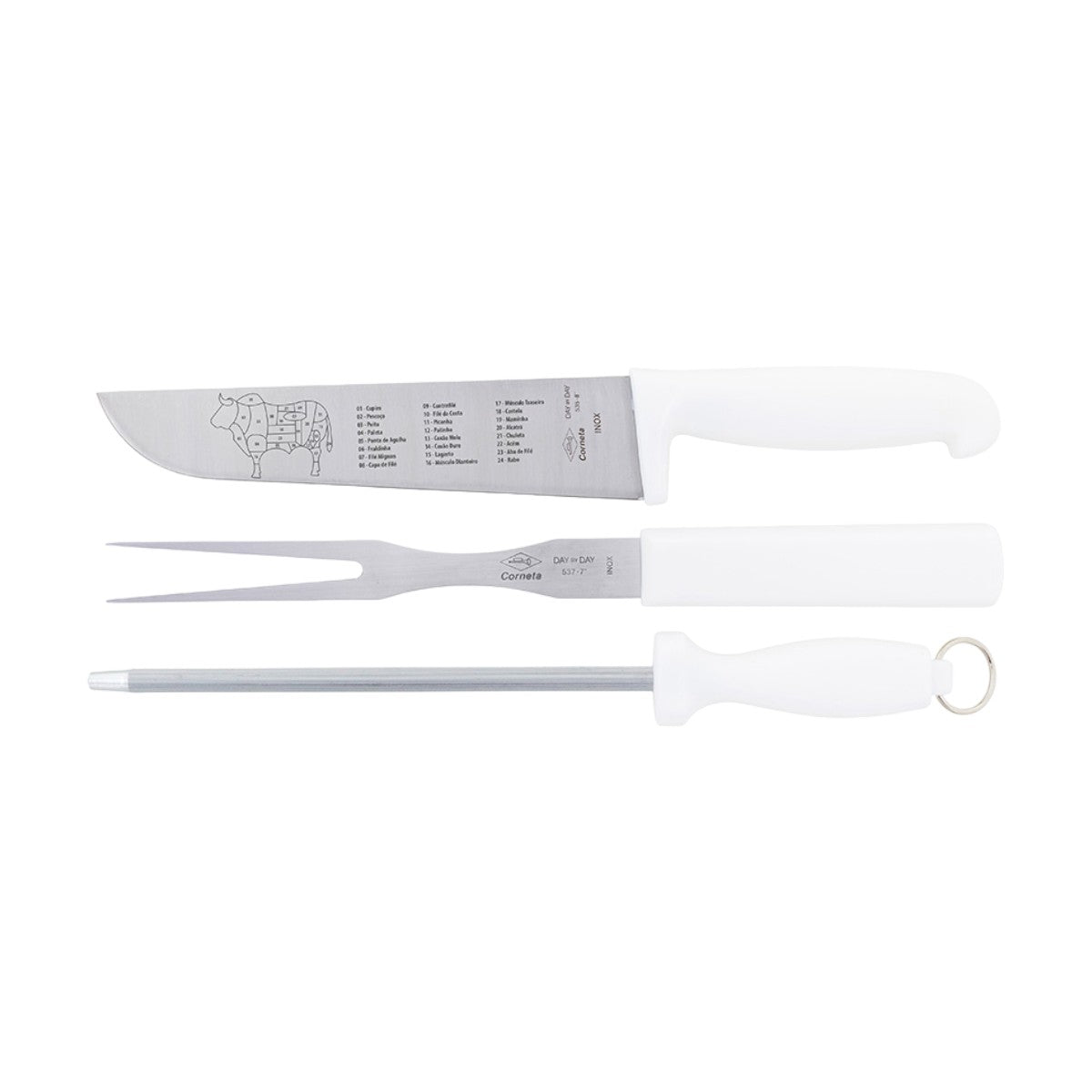 Kit Faca, Chaira e Garfo para Churrasco Corneta