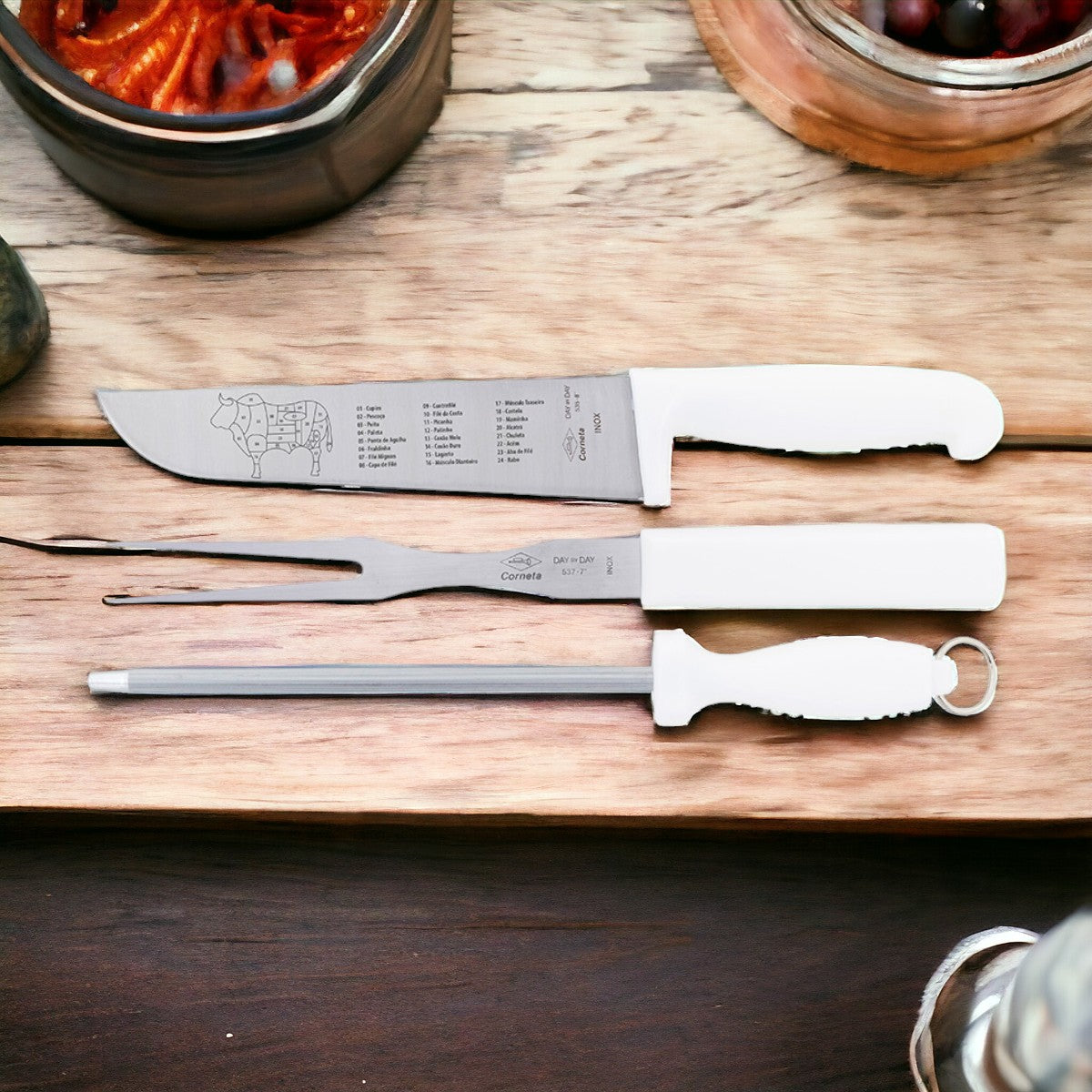 Kit Faca, Chaira e Garfo para Churrasco Corneta