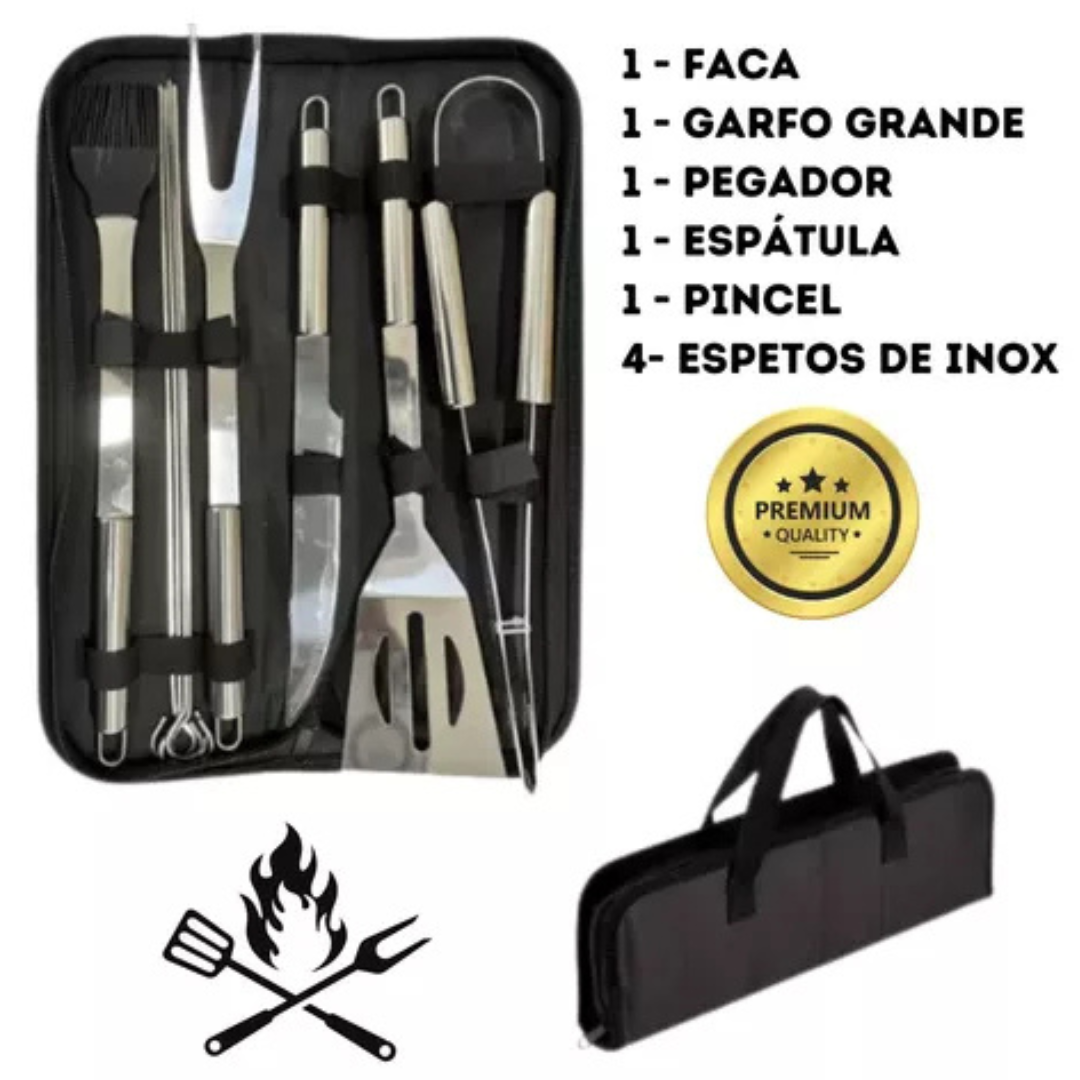 Kit Churrasco 9 Peças Inox Profissional com Bolsa