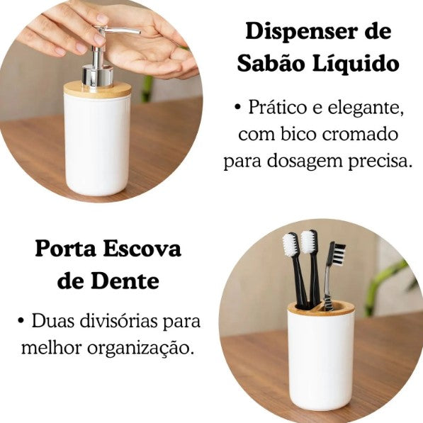 Conjunto de Acessórios para Banheiro Bambu 6 Peças Branco