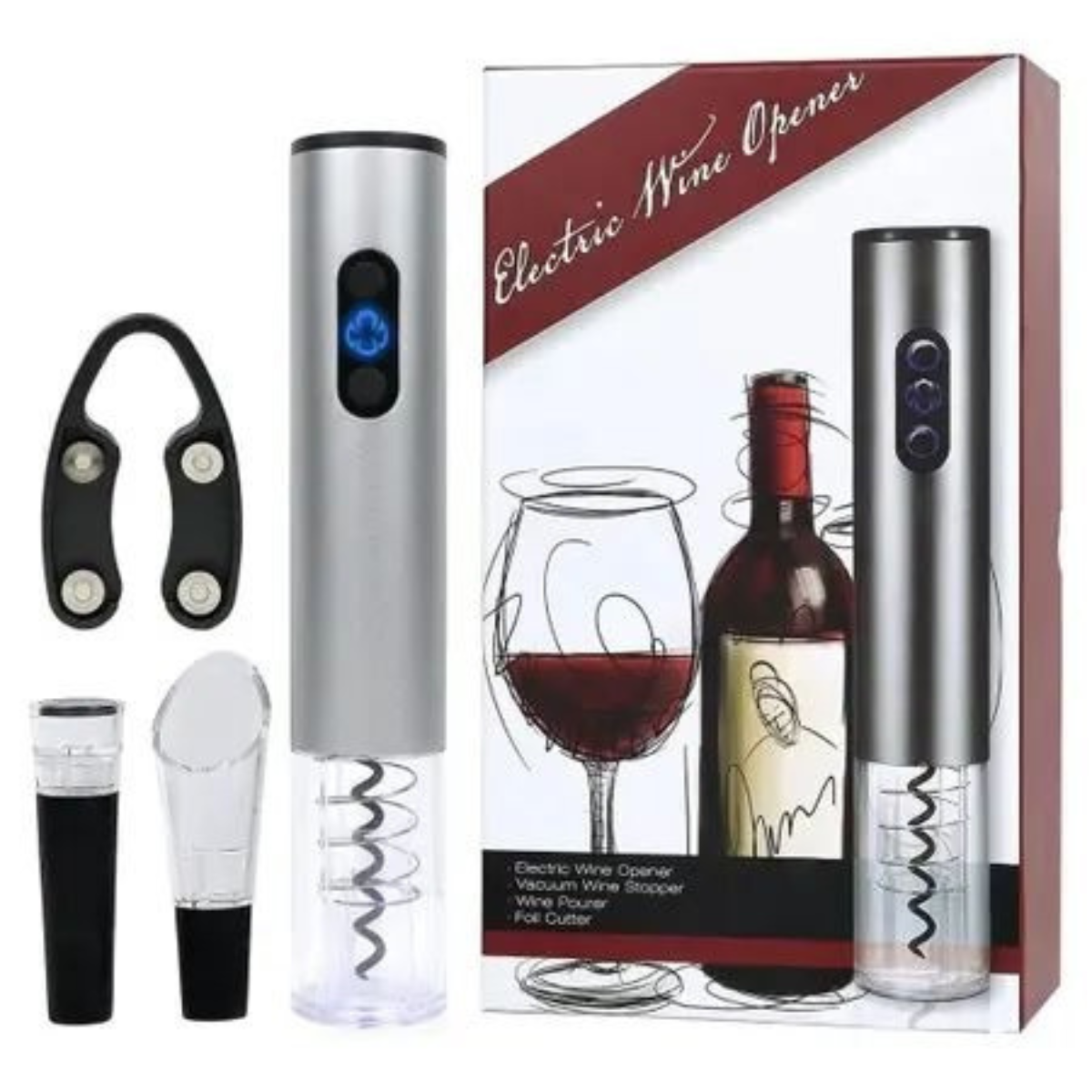Kit Abridor de Vinho Elétrico + Tábua de Frios com Espátulas