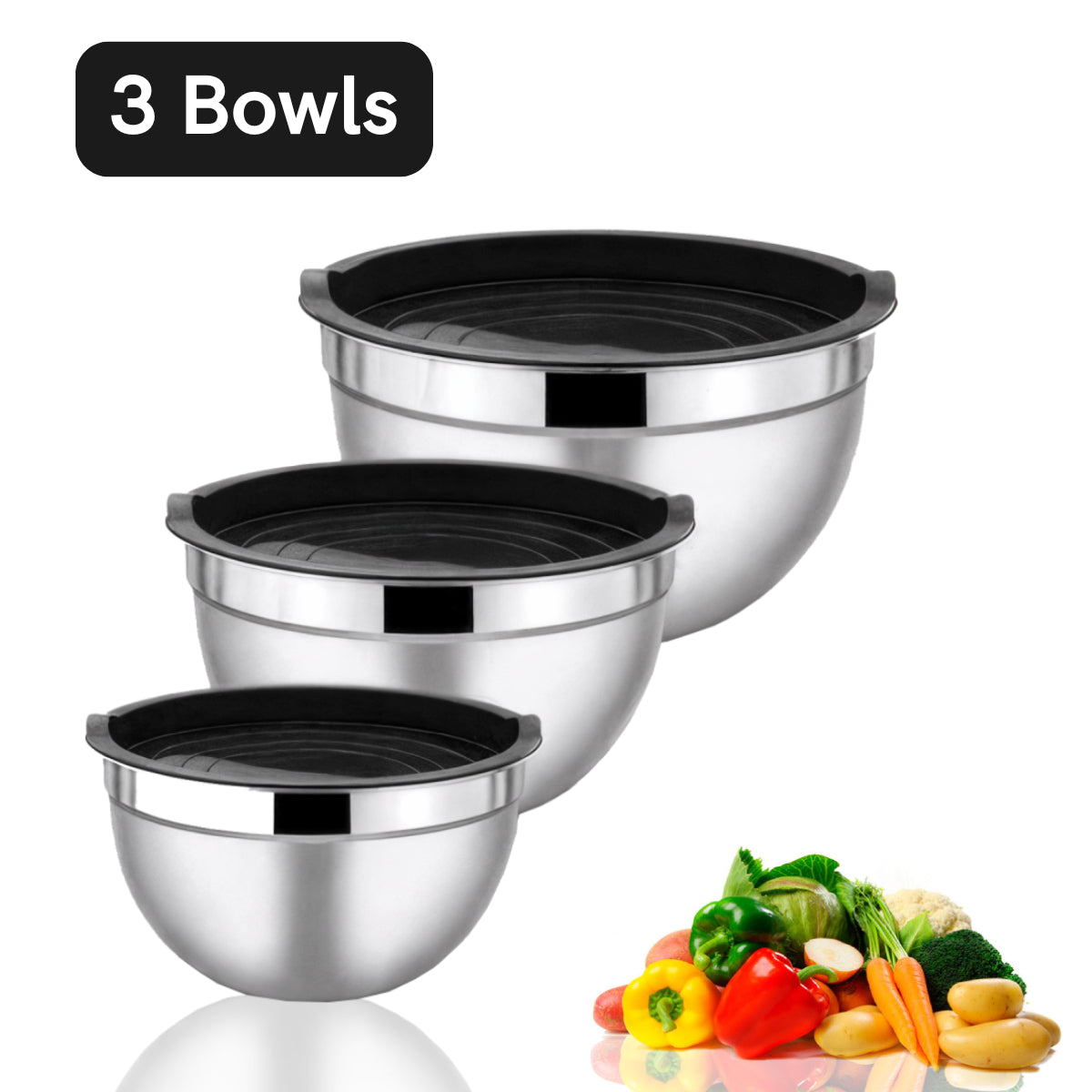Kit 3 Bowls Aço Inox com Tampa de Silicone