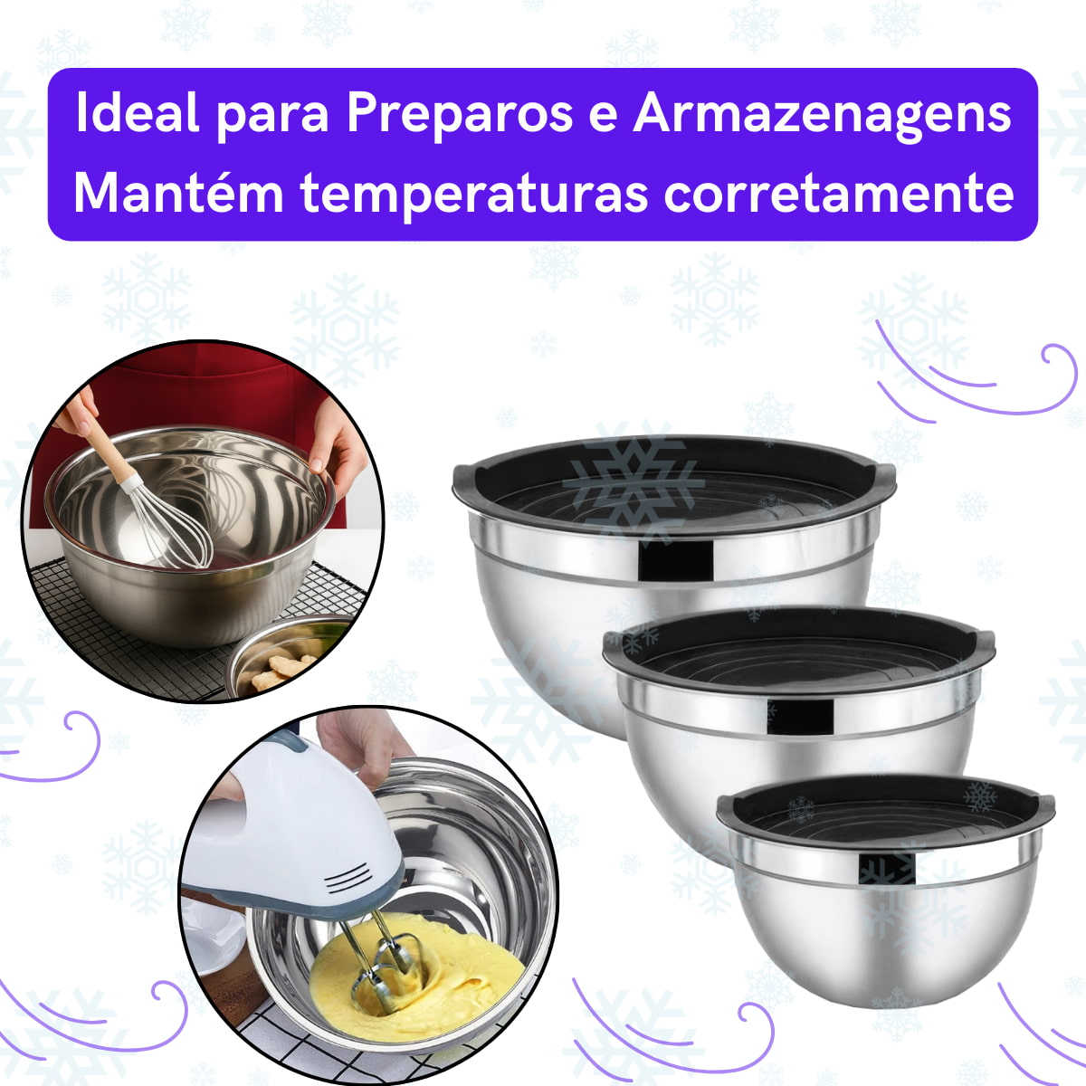 Kit 3 Bowls Aço Inox com Tampa de Silicone