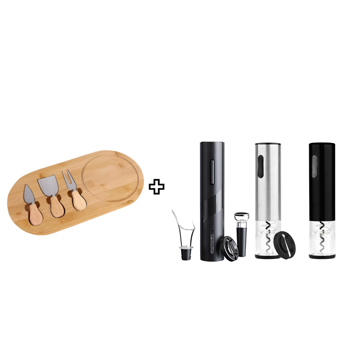 Kit Abridor de Vinho Elétrico + Tábua de Frios com Espátulas