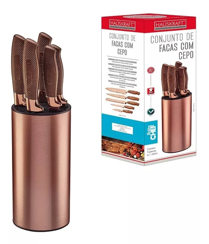Conjunto de Facas com Cepo Golden Chef Rose Gold | Haüskraft