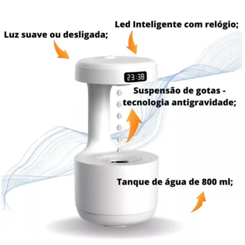 Umidificador Gotas de Água com Relógio Digital Led