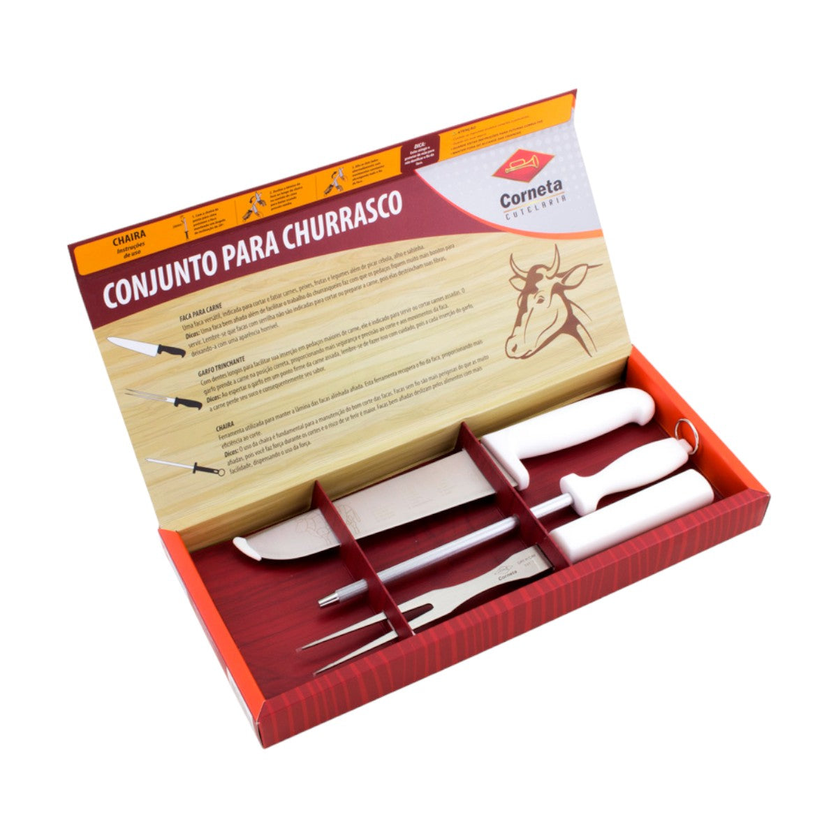 Kit Faca, Chaira e Garfo para Churrasco Corneta