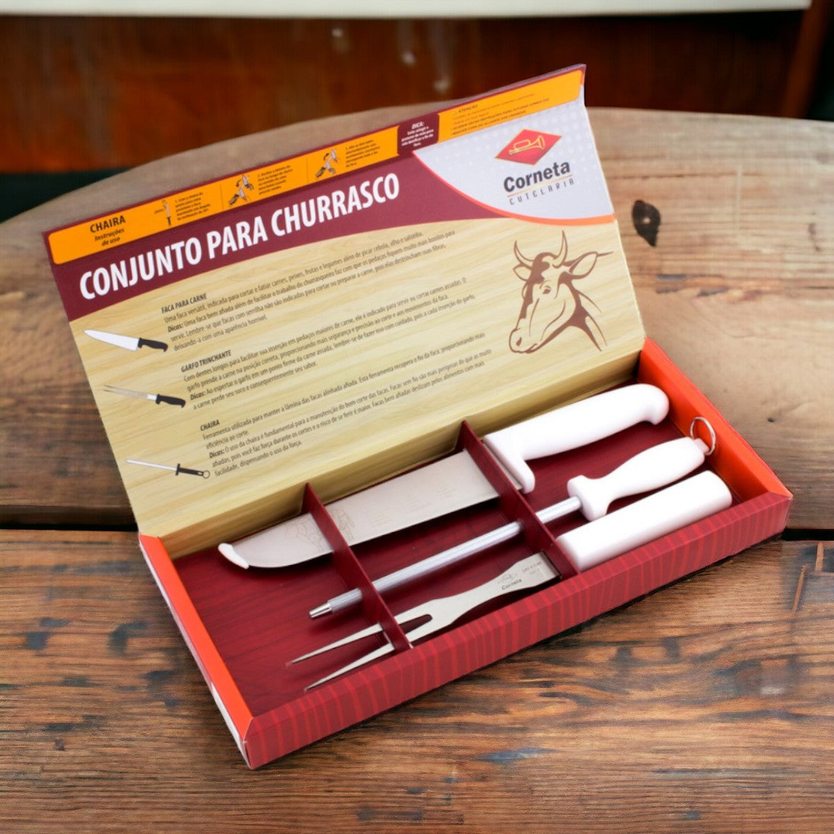 Kit Faca, Chaira e Garfo para Churrasco Corneta