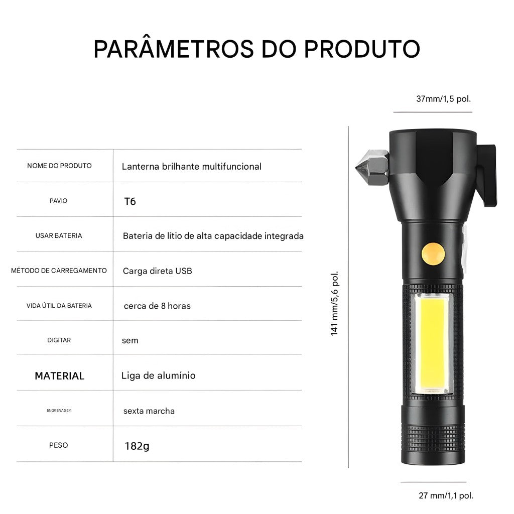 Lanterna Recarregável Solar e USB 450 Lúmens